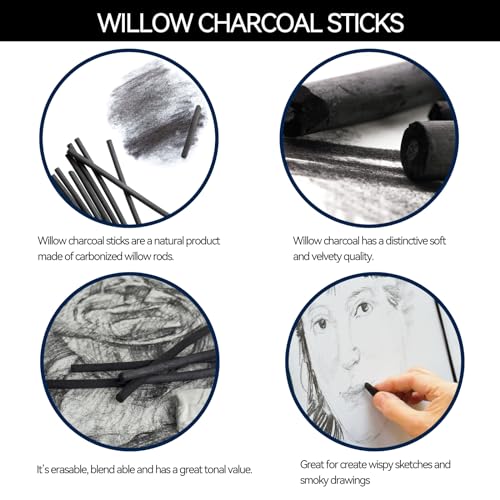 PANDAFLY 25 Pack Willow Charcoal Sticks, 4-5mm, Black Artist Vine Charcoal - size: 4-5mm