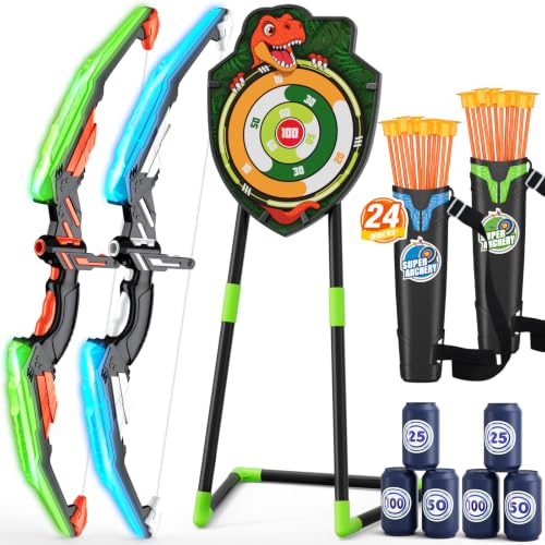 HYES 2 Pack Kids Bow and Arrow, LED Archery Set with Dinosaur Target - size: 2 pack-standing target