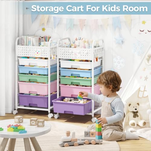 5 Drawer Rolling Storage Cart with Pegboard Top and Hooks, Ice Cream - color: Ice Cream, size: 5-Drawers