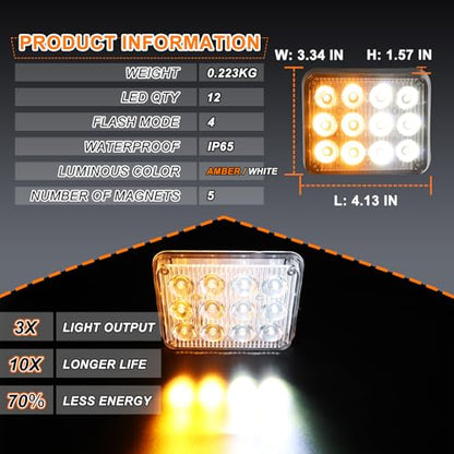 2PCS Rechargeable Flashing Lights, Magnetic Strobe Hazard Lights - color: Amber&White