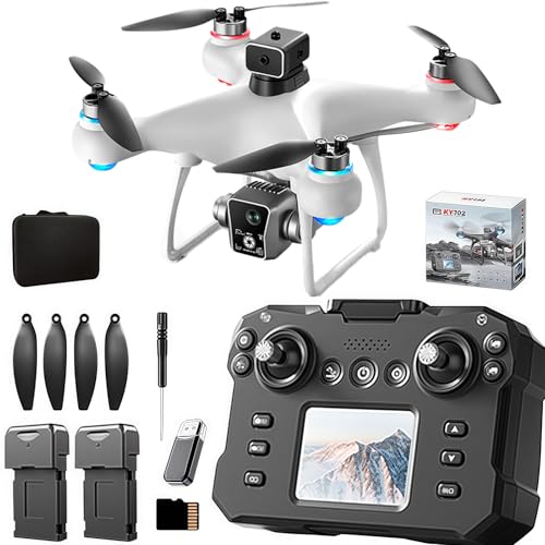KY102 Drone with Screen Controller with SD card, Brushless Motor, Optical Flow Localization, Active Obstacle Avoidance, 2 batteries, One Key Take Off/Landing. (2 batteries - White) - color: 2 batteries - White