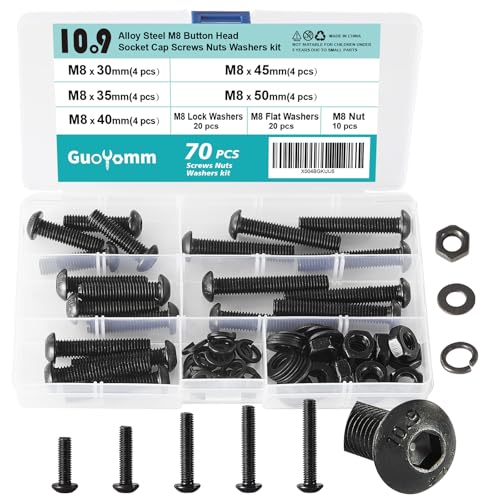 70 PCS M8 x 30mm 35mm 40mm 45mm 50mm, Button Head Socket Cap Screws Bolts Washers Nuts Assortment Kit, 10.9 Grade Alloy Steel, Black Oxide Finish, Metric Allen Hex Drive - size: Button Head M8x30-50mm