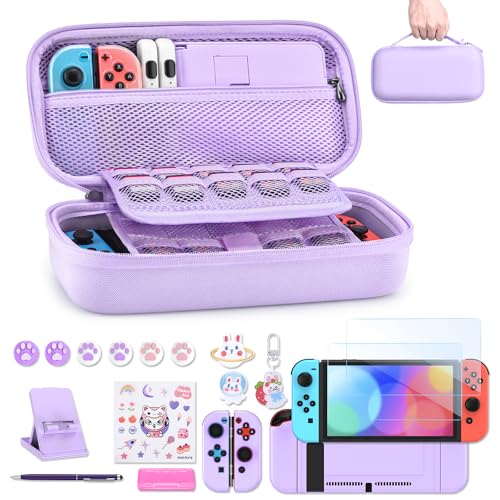 innoAura Switch Case 19-in-1 Bundle for NS Switch (2017), with Carrying Case, Game Organizer, Screen Protector, Stand and Thumb Grips, Purple - color: Purple, size: for Switch (2017)