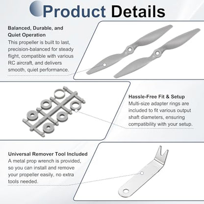 MECCANIXITY 9x6 Inch RC Propellers, 2-Vane Blades Prop Replacements Gray High Speed Propeller with Adapter Rings & Prop Wrench for RC Airplane Drones, Pack of 4 - size: 9" x 6"