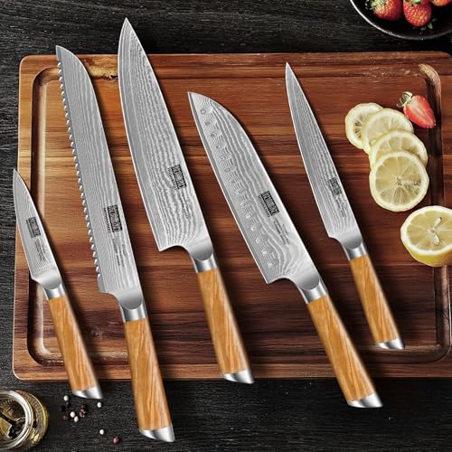 HOSHANHO Damascus Kitchen Knife Set 5PCS, Sharp Chef Knives Ergonomic Grip - style: 5 Pieces Knife Set