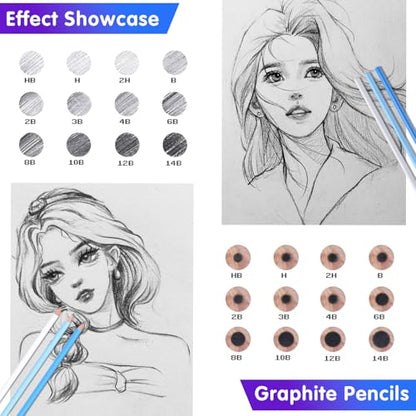 Professional Drawing Set,12 Colored Pencils,12 Graphite Pencils,Eraser,Case - color: Set-Green
