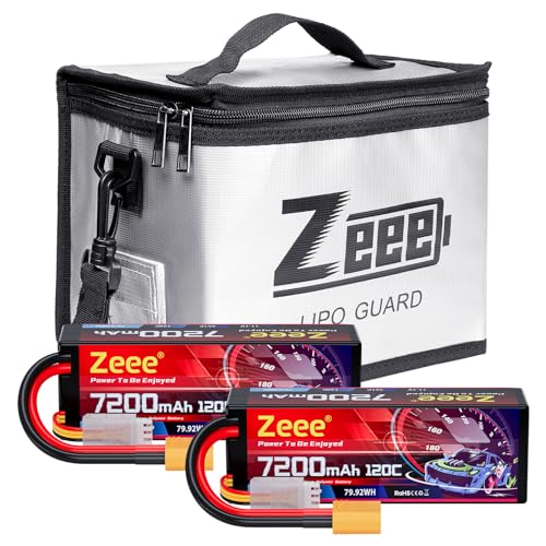 Zeee 3S Lipo Battery 7200mAh 11.1V 120C Hard Case Battery XT90 Connector 2 Pack Batteries with 1 Pcs Lipo Safe Bag Fireproof Explosionproof Bag for Storage Charging