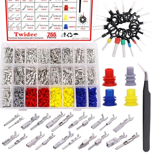 Twidec/755PCS Car Electrical Wire Terminal Pins Connector Kit 21Type 1/1.5/1.8/2.2/2.8/3.5mm Auto Electric Connector Pins Terminal Non-Insulated Plug Removal Male Female Crimp Pins - color: 755PCS