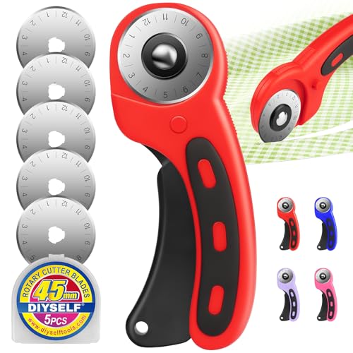 DIYSELF Rolling Cutter for Fabric 45mm, 5 Extra Blades, Safety Lock Cutter - color: Red