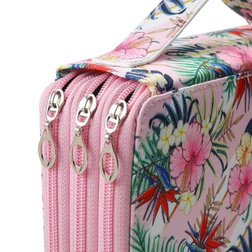 Canvas 120 Slots Pencil Case 3-Layer Zipped Holder w/Handle - color: Pink Flower, size: 120