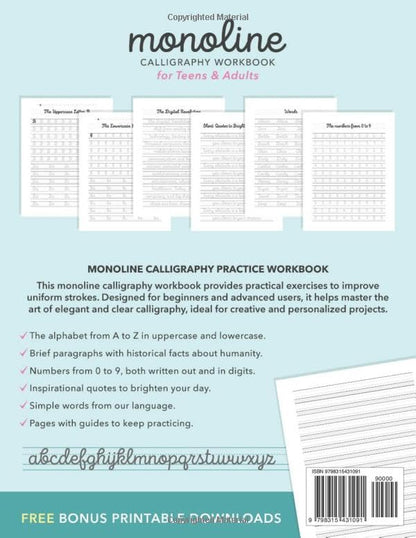 Monoline Calligraphy Workbook for Teens & Adults: Cursive Workbook for Penmanship | Modern Calligraphy in Hand Lettering for Beginners | Cursive ... Words – Phrases – Quotes – Historical Facts