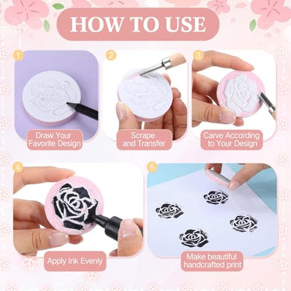 18 Pcs Rubber Stamp Carving Blocks Linoleum Blocks, Pink and White - color: Pink and White