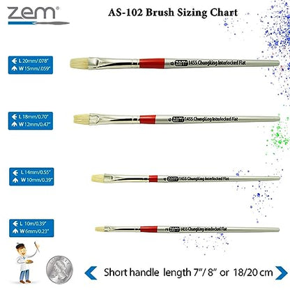 ZEM Brush Chungking Deluxe White Hog Bristle Interlocked Flat Artist Brush Set Sizes 2,4,6,8