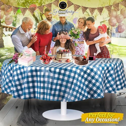 Grandipity Plastic Table Cloth Disposable 12 Pack 84" Round Gingham - color: Blue Gingham Checkered, size: 84in. Round