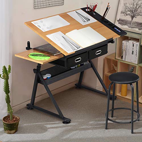 Yaheetech Adjustable Drafting Table Art Desk, Storage Drawers & Stool, Wood - color: Brown