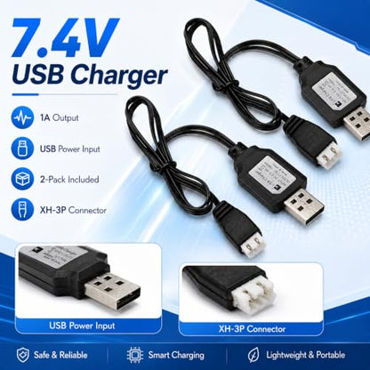 7.4V 1A USB Charging Cable for RC Batteries (2S Lipo), XH-3P Connector, 2-Pack - Works with SCX24, FPV Drones, SplatRBall