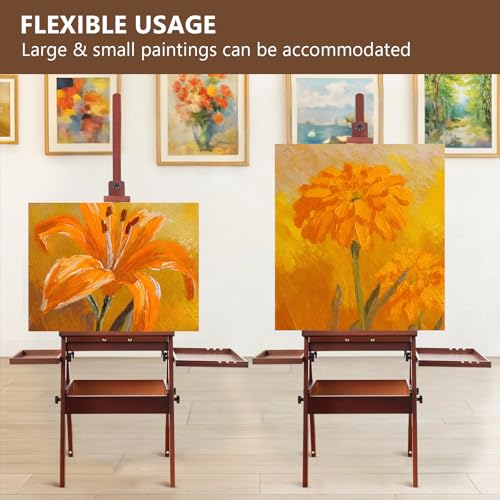 Wooden H-Frame Studio Easel with Storage Drawer and Palettes, Walnut - style: Side Trays Walnut