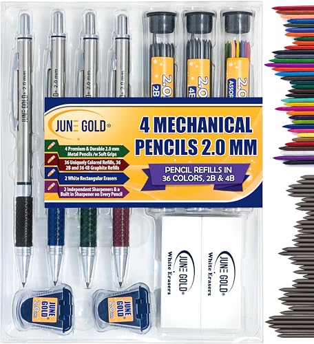 June Gold 4 Mechanical Pencils, 2.0 mm, 108 Refills, 2 Sharpeners,2 Erasers