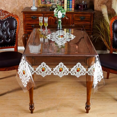 ARTABLE Clear Vinyl Tablecloth Lace Floral Print Wipeable 60 x 104 Inch - color: Lace-1, size: 104" x 60" (Rectangular)