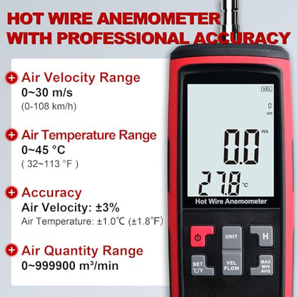 Upgraded Hotwire Anemometer Handheld Anemometer with Telescopic Probe Wind Speed Meter with Software Output for Airflow Air Velocity Temperature CFM Meter Used in HVAC (Model AMF029A) - size: Model 3