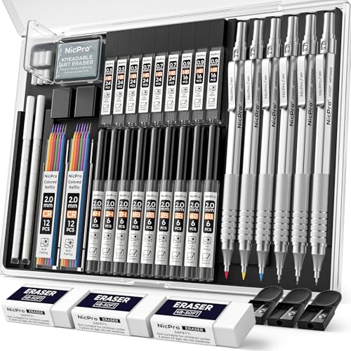 Nicpro 35PCS Silver Metal Mechanical Pencil Set, Art Supplies with Case - color: Silver