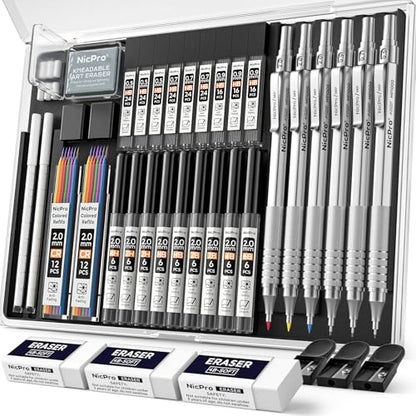 Nicpro 35PCS Silver Metal Mechanical Pencil Set, Art Supplies with Case - color: Silver