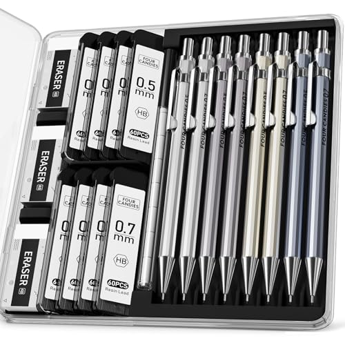 Metal Mechanical Pencil Set, 0.5/0.7mm, 8-Pack with Case, Two Sizes - style: 8PCS 0.5 +0.7 mm