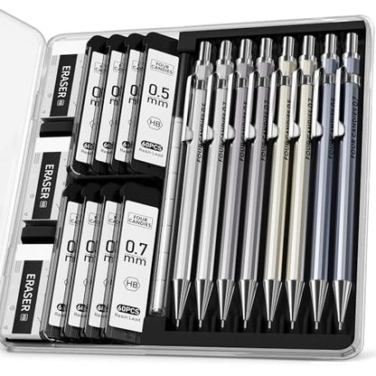Metal Mechanical Pencil Set, 0.5/0.7mm, 8-Pack with Case, Two Sizes - style: 8PCS 0.5 +0.7 mm