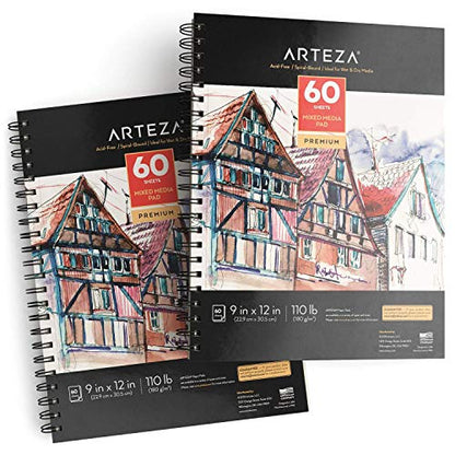 ARTEZA Mixed Media Pads, 9 x 12 in, Spiral, 2 Pack, 60 Sheets Each - size: 9"x12" (Pack of 2)