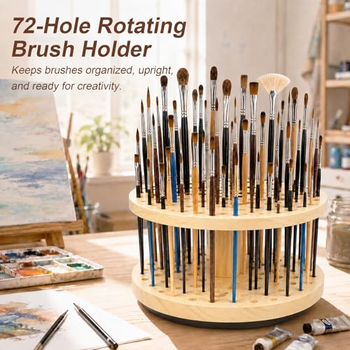 360° Rotating Hardwood Paint Brush Holder, 72‑Hole Organizer - color: Yellow（72 Holes)S