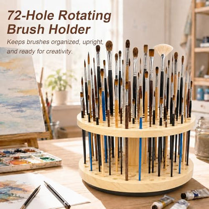 360° Rotating Hardwood Paint Brush Holder, 72‑Hole Organizer - color: Yellow（72 Holes)S