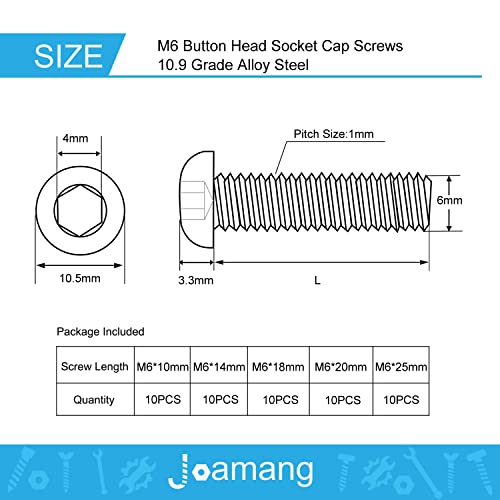 M6 x 10mm 14mm 18mm 20mm 25mm Button Head Socket Cap Screws Bolts, 10.9 Grade Alloy Steel, Black Oxide Finish, Metric Allen Hex Drive, Fully Threaded, Assortment Kit 50Pcs - size: Button M6x10-25 mm