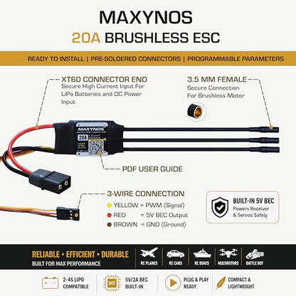 Bidirectional 20A Electronic Speed Controller, 2-4S Lipo ESC with XT60 Connector, 7.4-17V, for RC Vehicles, Drones, Robotics, & Underwater Thrusters - size: 20A