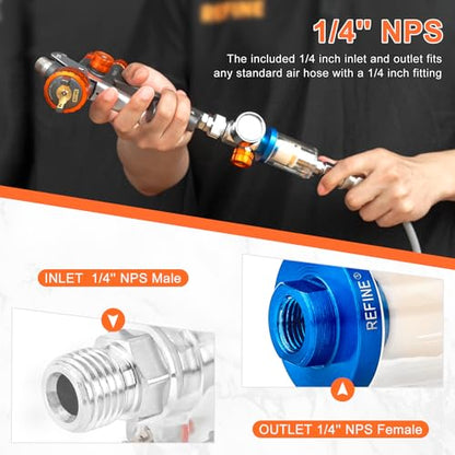 REFINE 3-Pcs Oil Water Separator 1/4" NPS Air Filter for Paint Guns