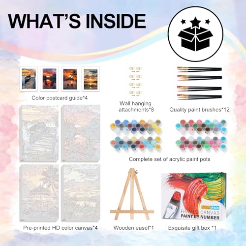 4 Pack Framed Paint by Numbers Kit for Adults with Wooden Easel, Sunset - color: YOP4P05