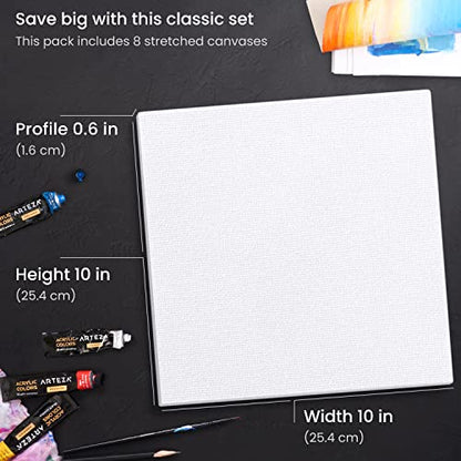 ARTEZA Square Stretched Canvas for Painting, 10 x 10 in, Pack of 8 - color: White - Classic, size: 10 x 10 (Pack of 8)