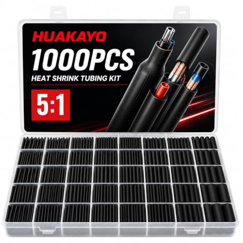 Heat Shrink Tubing Kit 1000Pcs Total, 5:1 Ratio with Adhesive Lined, Wire Shrink Wrap Tubing, Marine Grade, Industrial & Automotive Heat Shrink Tube Kit (Black)