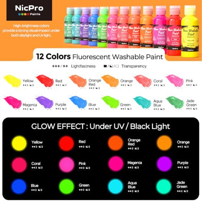 Nicpro 12 Colors Neon Washable Paint Set for Kid 2oz, Glow Under Blacklight - size: 2 Fl Oz (Pack of 12)