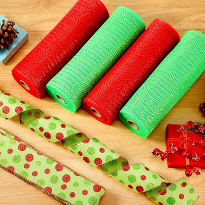 Unittype 5 Rolls Christmas Mesh Ribbon for Wreaths,Red, Green,Polka Dot