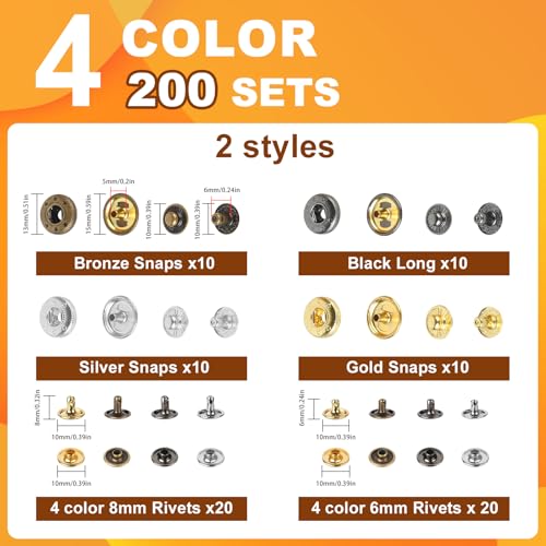 Leather Rivets Snap Buttons and Fasteners Kit - 40 Set 15MM Button Snap & 160 Set Rivets with Tool for Leather - 4 Colors Metal Snaps Rivet for Fabric Repair and Crafts, Jeans Wears, Jackets