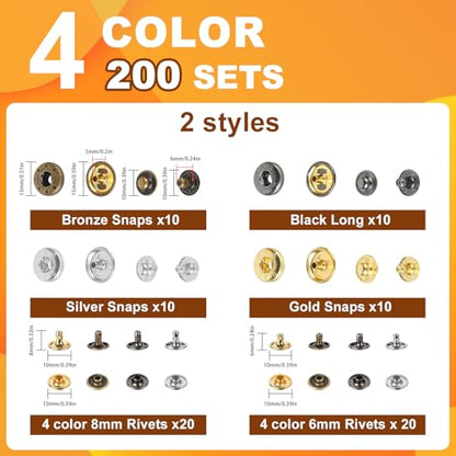 Leather Rivets Snap Buttons and Fasteners Kit - 40 Set 15MM Button Snap & 160 Set Rivets with Tool for Leather - 4 Colors Metal Snaps Rivet for Fabric Repair and Crafts, Jeans Wears, Jackets