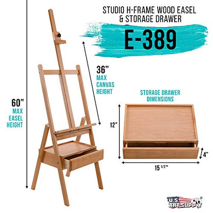 U.S. Art Supply Large Wooden H-Frame Easel with Storage Drawer & Shelf