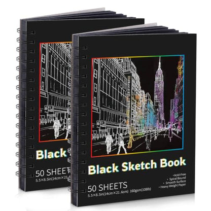 2 Pack Black Paper Sketchbook, 5.5 × 8.5 in, 100 Sheets, Spiral Bound - size: 5.5×8.5 Inch (2 Pack )