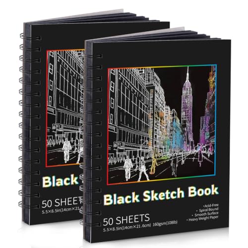 2 Pack Black Paper Sketchbook, 5.5 × 8.5 in, 100 Sheets, Spiral Bound - size: 5.5×8.5 Inch (2 Pack )