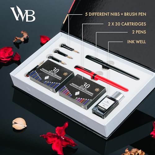 Wordsworth & Black Calligraphy Kit for Beginners, 2 Ink Pens, 5 Nibs, Black - color: Red Black