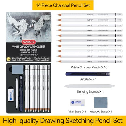 PANDAFLY Professional White Charcoal Pencils Set, 14 Piece - color: White, size: 1 Count (Pack of 14)