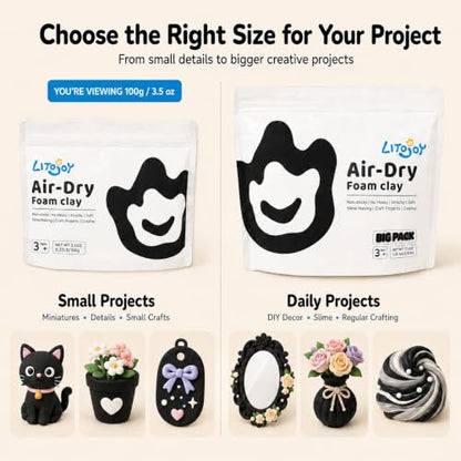 Black Air Dry Foam Clay 100g/3.5oz, Soft & Easy to Mold - color: Black