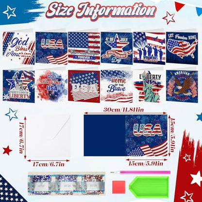 Saillong 12 Pack 4th of July Diamond Painting Greeting Card Kits Patriotic Diamond Art Cards with Envelopes Independence Day Red White Blue 5D Rhinestones Painting Making Kits for Adult DIY Craft Gift - color: Patriotic