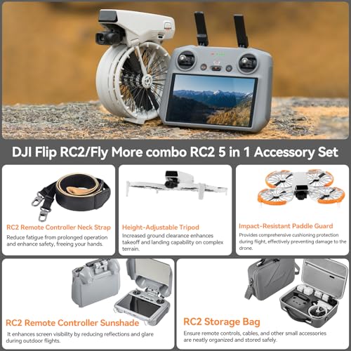 DJI Flip Accessories Bundle 5-in-1 for RC 2 Screen Controller, Portable Carrying Case for 3 Batteries, Propeller Guards, Landing Gear, Sunshade & Strap, Compatible Flip (RC 2/Combo)