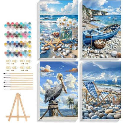 ICYANART 4 Pack Beach Paint by Numbers Kit for Adult Beach with Frame Easel - color: Beach 02